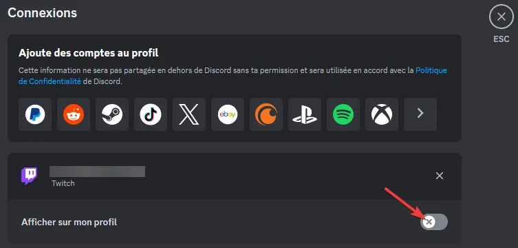 Réduction de la visibilité publique des comptes liés sur Discord